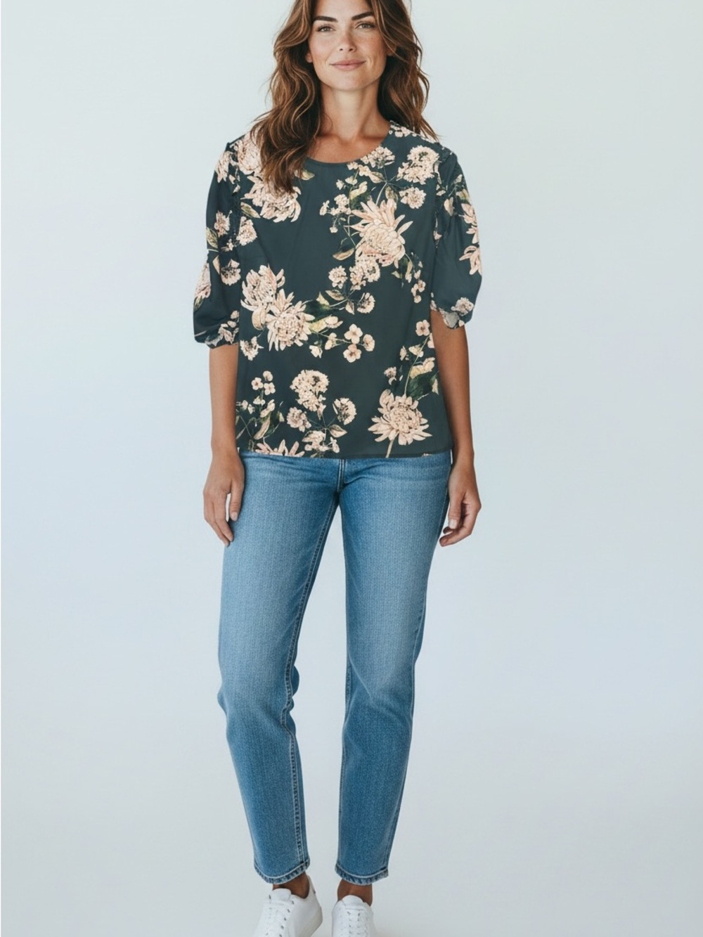 dolan Dark Green Floral Puff-Sleeve Blouse with Blush Flowers